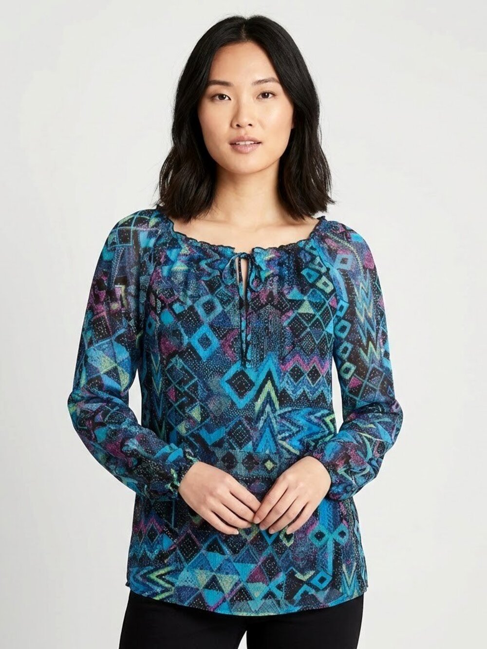Chicos 100% Silk Blue Geometric Sheer Peasant Blouse Womens Size M 1 Tie Neck